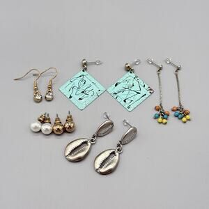 Mixed Earring Lot 7 Pairs Vintage Boho Cowrie Shell Enamel Faux Pearl Dangle
